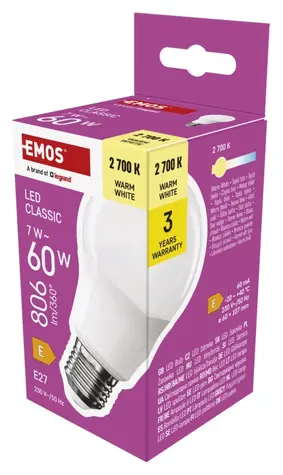 Emos LED žiarovka Classic A60 7W / 60W E27 / teplá biela / 806 lm