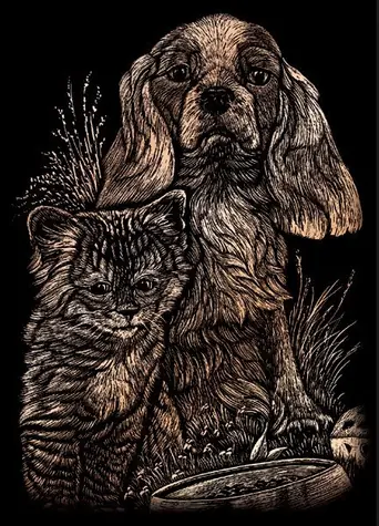 ROYAL & LANGNICKEL Medený škrabací obrázok Pes s mačkou / Výtvarná sada / 17,5x12,5 cm / od 8 rokov