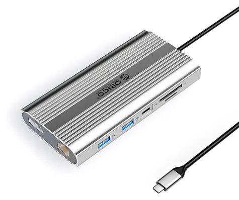 Orico dokovacia stanica 12v1 strieborná / USB-C PD 100W / 2x HDMI 4K60Hz / DisplayPort 4K60Hz / RJ45