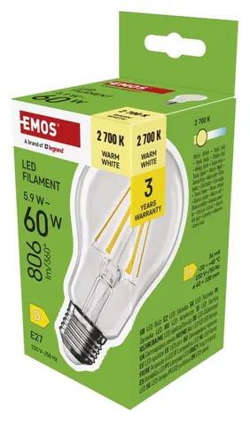 Emos LED žiarovka Filament A60 5,9 W / 60 W E27 / teplá biela / 806 lm