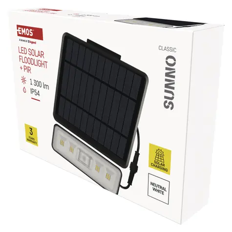 GP MET SUNNO čierna / LED solárny reflektor / 1300 lm / PIR senzor / IP54 / 4000K