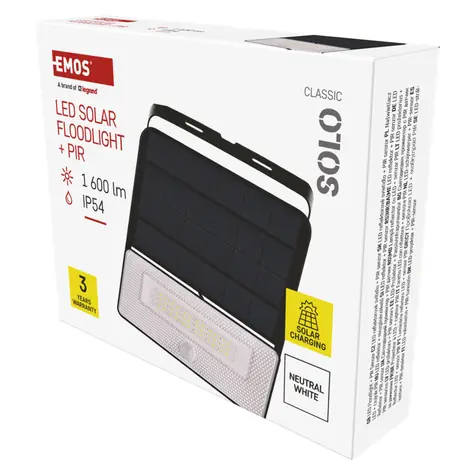 Emos SOLO ZG122S čierna / LED reflektor / solárne / 1600 lm / IP54 / PIR senzor / 4000K