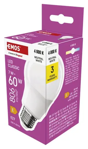 Emos LED žiarovka Classic A60 7W / 60W E27 / neutrálna biela / 806 lm