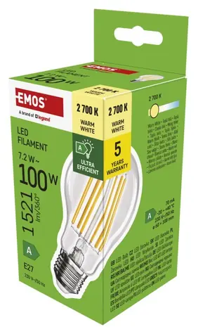 Emos Filament A60 7,2 W E27 teplá biela / LED žiarovka / náhrada za 100 W / 1521 lm / energetická trieda A
