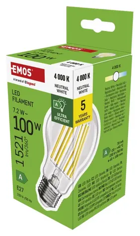 Emos Filament A60 7,2 W E27 neutrálna biela / Žiarovka / náhrada za 100 W / 1521 lm / energetická trieda A