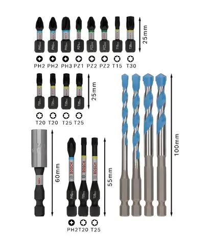 BOSCH Sada bitov a vrtákov Multi Construction PRO Impact / 20 dielov / PH2, PZ2, T15, T20, T25, T30 / Vrtáky 5-8 mm