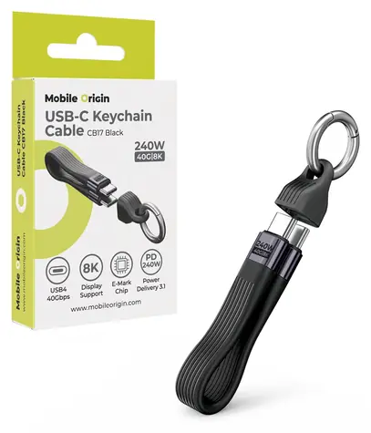 Mobile Origin CB17 čierna / Kľúčenkový kábel / USB-C - USB-C / 40 Gbps / 240 W PD 3.1 / 8K 60Hz / 13 cm