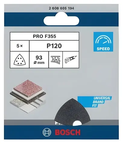 BOSCH F355 / Brúsny papier P120 / 93 x 93 mm / 6 otvorov / 5 ks