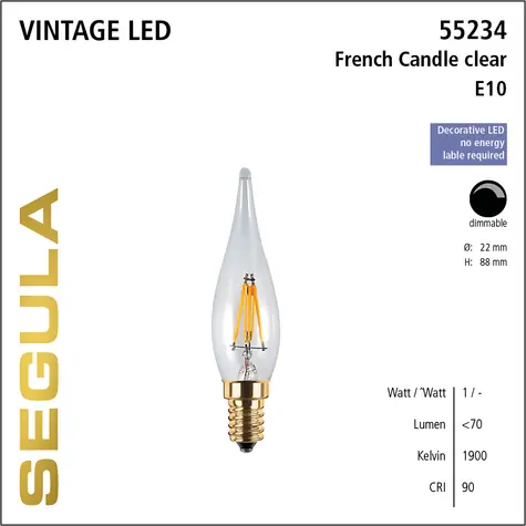 SEGULA LED French Candle 1,5W číra / Žiarovka / E10 / 60lm / 1900K / stmievateľná