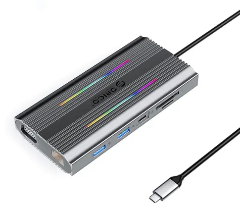 Orico USB-C Hub 12v1 RGB sivá / Dokovacia stanica / USB-C / PD 100W / HDMI 4K / VGA / RJ45 Gigabit