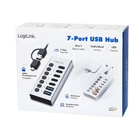 USB Hub 7x USB-A/C s vypínačom on/off / Rozbočovač / 7 portov / prepínanie jednotlivých portov