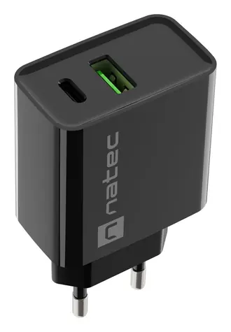 Natec Ribera čierna / Nabíjačka / 1x USB-C + 1x USB-A / 20W / PD 3.0