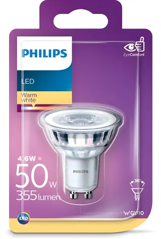 Philips LED žiarovka GU10 50W teplá biela / Bodová žiarovka / 395 lm / 2700 K / 36 ° / Trieda F