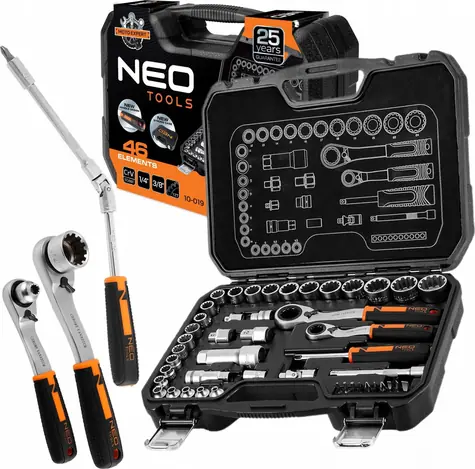 Neo Tools Sada nástrčných hlavíc 1/4" + 3/8" / Sada nástrčných hlavíc / 46 ks