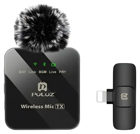 Puluz Klopový mikrofón Lightning čierna / Klopový mikrofón / bezdrôtový / 2,4 GHz / dosah 20 m