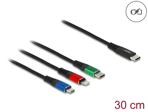 DeLock USB-C čierna / Napájací kábel 3v1 / USB-C na Micro-USB, USB-C, Lightning / 0,3 m / USB 2.0