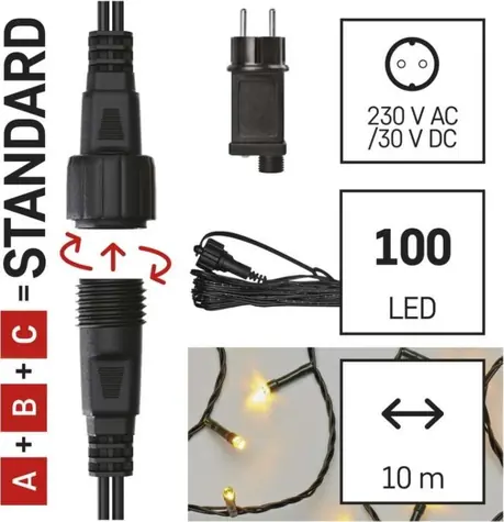 Emos D1AW01 CONNECT / Štartovacia reťaz s napájaním / 100 LED / 10 m / teplá biela / IP44