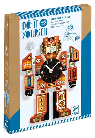 DJECO DIY Vyrob si sám Hodiny Robot / Kreatívna sada / Funkčný hodinový strojček / FSC lepenka / 80+ nálepiek