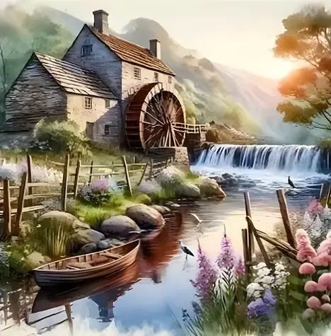 Norimpex Diamantové maľovanie Mlyn na rieke s loďkou / 30x40 cm