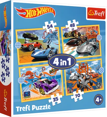Trefl Puzzle Autíčka Hot Wheels 4v1 / 35, 48, 54, 70 dielikov / 28,5 x 20,5 cm / od 4 rokov