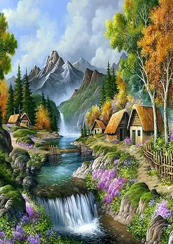 Norimpex Diamantové maľovanie Domčeky v horách / 30x40 cm
