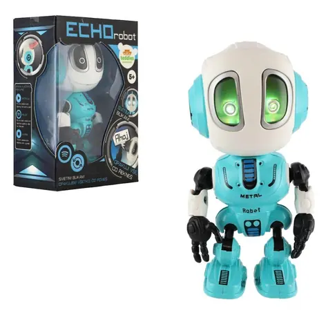 TEDDIES Robot ECHO modrý / Opakuje vety / kov / 12 cm / svetlo a zvuk