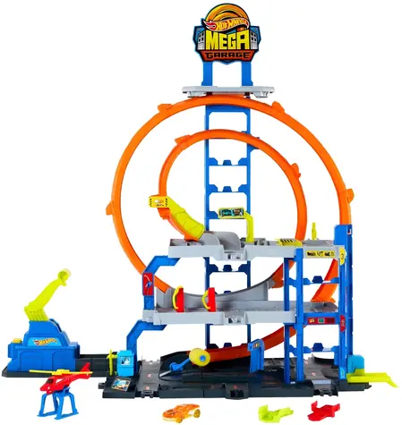 HOT WHEELS Mega garáž Dvojitá slučka / Herný set s autíčkom a vrtuľníkom / 3 poschodia / od 4 rokov