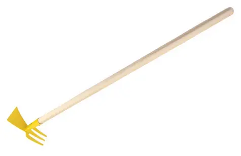 Detská motyčka obojstranná žltá s drevenou násadou / Záhradné náradie pre deti / Kov, drevo / 80 cm / od 3 rokov