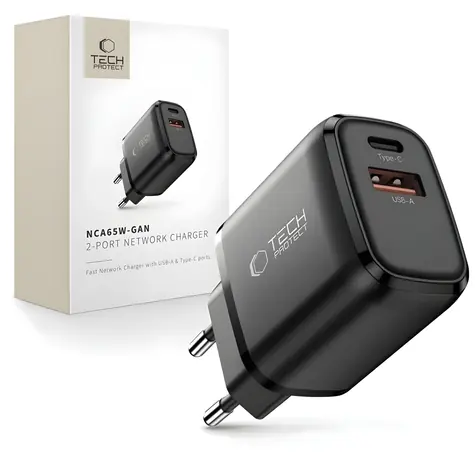 Tech-Protect NCA65W-GAN čierna / Nabíjačka / GaN / 2 porty / PD 65W / QC3.0
