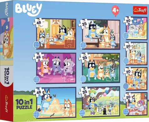 Trefl Puzzle Bluey: Príbeh Blueyho Mega PACK 10v1 / 4x20+3x35+3x48 dielikov