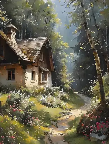 Norimpex Maľovanie podľa čísel Chata na lesnej ceste / 40x50 cm / plátno na ráme, akrylové farby