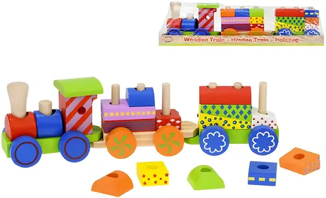 Drevený navliekací vláčik s kockami / mašinka + 2 vagóniky / 33 cm / batoľatá