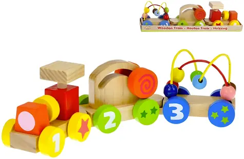 Drevený vláčik s aktivitami 34 cm / mašinka + 2 vagóniky / drevo / od 18 mesiacov