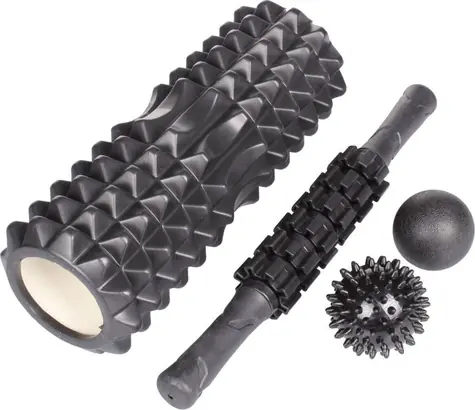 Merco Masážny set 4v1 čierna / Masážna sada / Valec 33 cm / Tyč 40 cm / Loptičky 5 a 7 cm