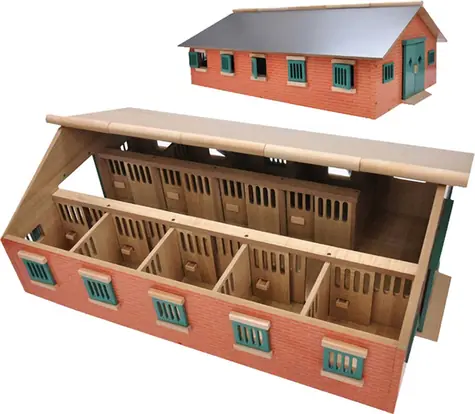 KIDS GLOBE Stajňa pre kone 1:24 so 7 boxmi / Drevená stavebnica / od 3 rokov