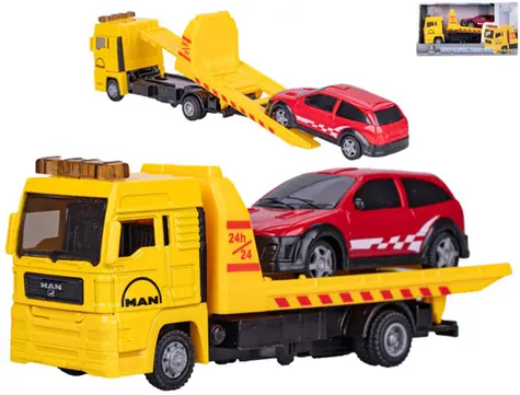 Odťahovka MAN s osobným autom na voľný chod / Herný set / kov / 19 cm / od 3 rokov