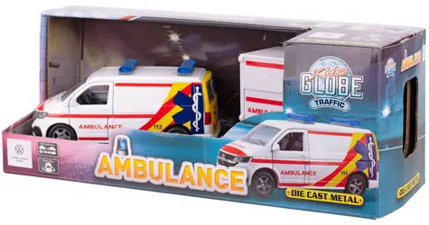 KIDS GLOBE Traffic VW Transporter ambulancia s prívesom / Auto s prívesom / 27,5 cm / Kov, plast / od 3 rokov
