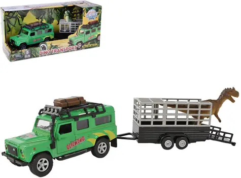 KIDS GLOBE Traffic Land Rover s prívesom a dinosaurom / Auto s prívesom / 28 cm / kov / od 3 rokov