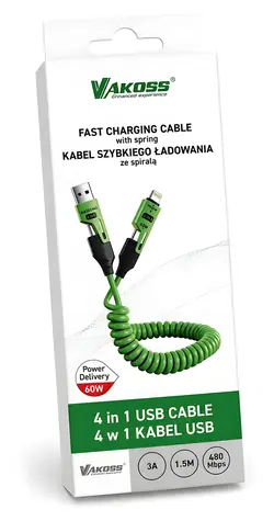 Vakoss MLU680G zelená / Nabíjací a dátový kábel 4v1 / USB-C / USB-A / Lightning / 60 W / 1,5 m