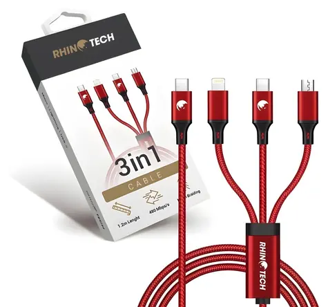 RhinoTech nabíjací a dátový kábel 3v1 červená / Kábel / USB-C - MicroUSB, Lightning, USB-C / 40W / 1,2m