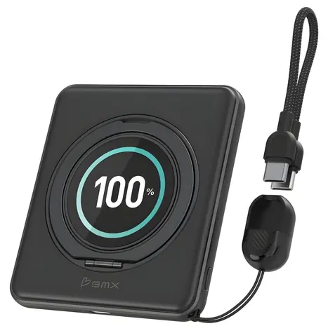 BMX SolidSafe™ Duo 5K Qi2 bezdrôtová magnetická powerbanka čierna / 5000 mAh / 20W / 360° stojanček / LCD displej