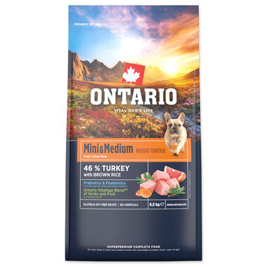 Ontario Mini & Medium Weight Control Turkey & Brown Rice 6.5kg / Granule pre dospelých psov 