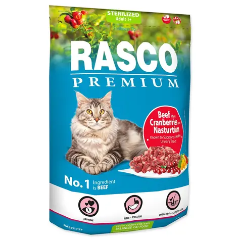 Rasco Premium Sterilized hovädzie s brusnicou a kapucínkou 400g / Granule pre dospelé mačky 
