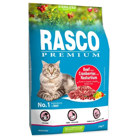 Rasco Premium Sterilized hovädzie s brusnicou a kapucínkou 2kg / Granule pre dospelé mačky 