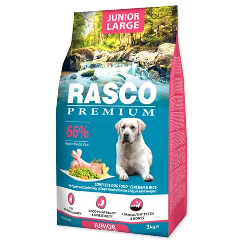 Rasco Premium Junior Large kura s ryžou 3kg / Granule pre šteňatá 