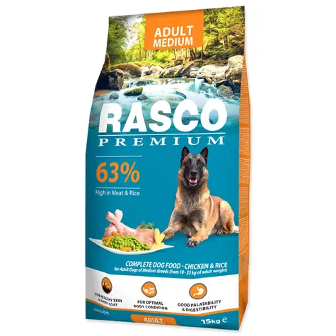Rasco Premium Adult Medium kura s ryžou 15kg / Granule pre dospelých psov 