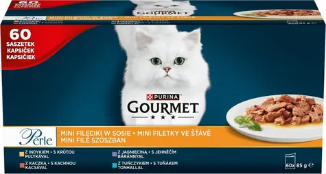 PURINA Gourmet Perle Mini Fillets v omáčke 60x85 g / kapsičky pre mačky / 4 príchute