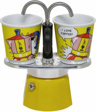 Bialetti MINI EXPRESS Set Lichtenstein žltá / Sada: fontánová moka kanvička (90 ml) + 2x hrnček (Roy Lichtenstein)