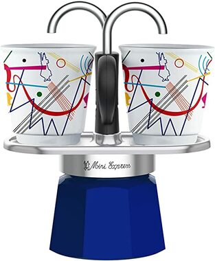Bialetti MINI EXPRESS Set Kandinsky modrá / Sada: fontánová moka kanvička (90 ml) + 2x hrnček (Wassily Kandinsky)