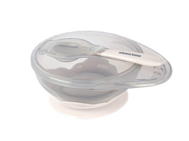 KikkaBoo Miska s prísavkou &amp; viečkom a lyžičkou Beige / od 4 mesiacov